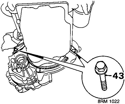 Diagram showing a bolt labeled 43 securing the gearbox to the engine