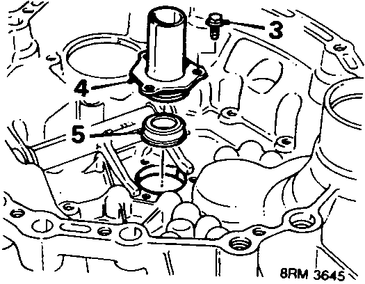 Diagram showing the gearbox casing with callout numbers 3, 4, and 5 indicating bolts, the guide sleeve, and the oil seal respectively.