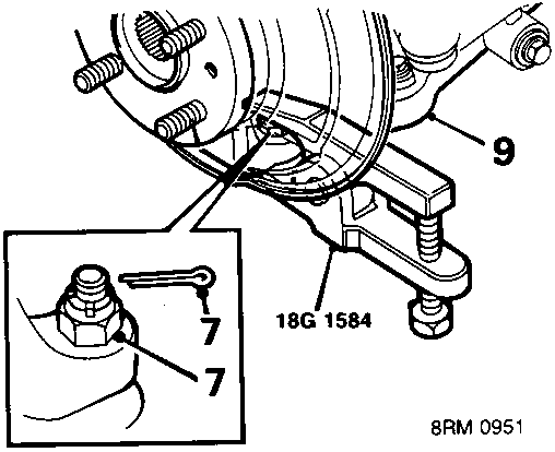 Diagram showing release of lower arm from hub using tool 18G 1584, with callouts for parts 7 and 9