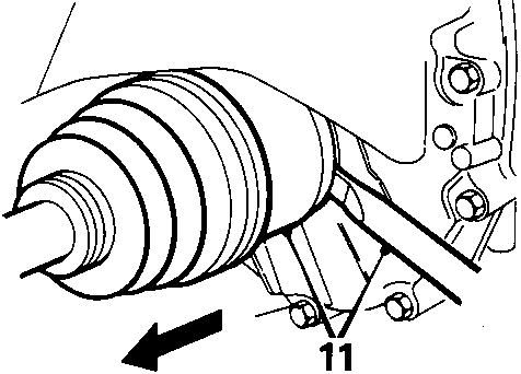 Diagram showing drive shaft connection with callout number 11 and arrow indicating direction