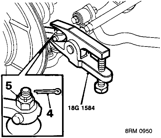 Diagram showing steering arm and tool 18G 1584 with callout numbers 4 and 5