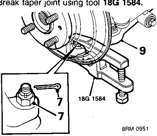Diagram showing lower ball joint, tool 18G 1584, and callout numbers 7 and 9