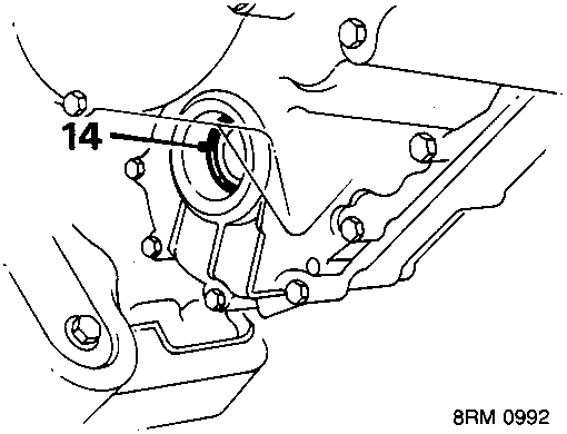 Diagram showing oil seal being prised out of housing with callout number 14