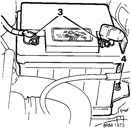 Diagram showing battery location with terminals 3 and 4, reference 8RM 1573