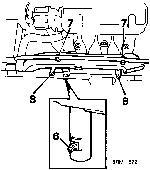 Diagram showing air duct removal area with callouts 6, 7, and 8, reference 8RM 1572