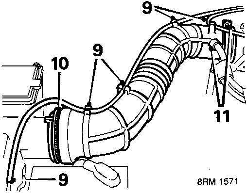 Diagram showing vacuum pipes (9), air cleaner connection (10), and intake trunking clip (11)