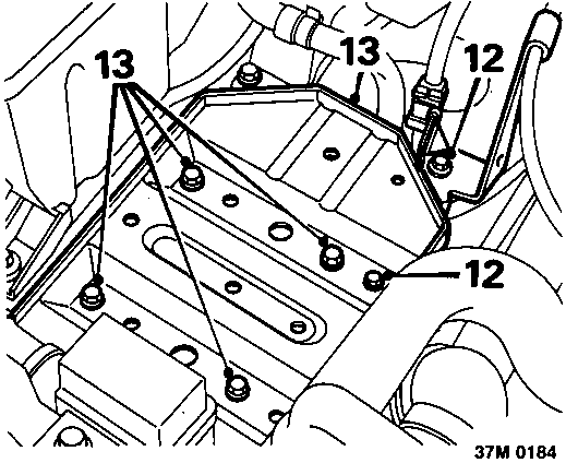 Diagram showing bolts (13) securing battery tray and pump feed hose bracket (12)