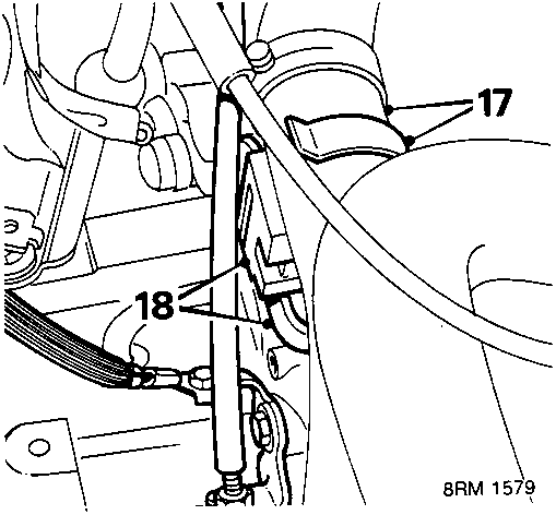 Diagram showing radiator bottom hose (17) and clip (18) at abutment bracket