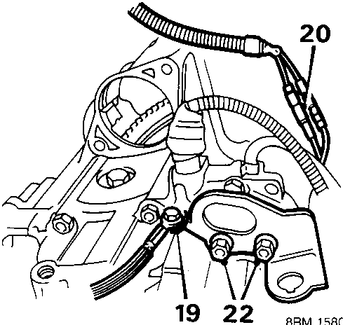 Diagram showing earth lead bolt (19), reverse lamp switch snap connectors (20), and gearbox mounting bolt (22)