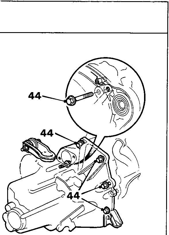 Diagram showing removal of flywheel housing bolts from the cylinder block, with callout number 44 indicating the bolts. A circular inset provides a close-up view of the bolt locations.