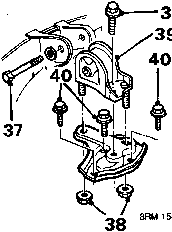 Diagram showing removal of R.H. mounting components, with callout numbers 37, 38, 39, and 40 identifying bolts, nuts, and the mounting assembly.