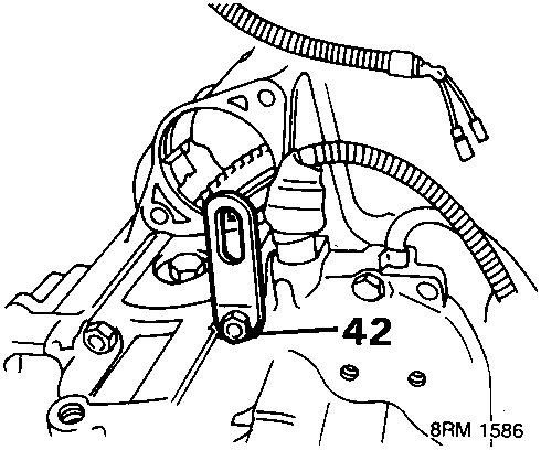 Diagram showing attachment of a lifting bracket to the gearbox, with callout number 42 pointing to the bolt securing the bracket.