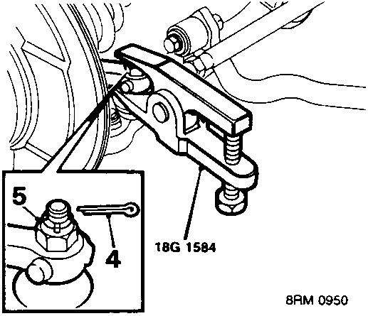 Diagram showing removal of track rod end ball joint nut and split pin using tool 18G 1584, with callouts 4 and 5