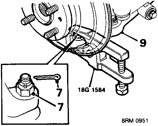 Diagram showing release of lower arm from hub using tool 18G 1584, with callouts 7 and 9