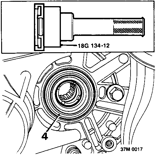 Diagram showing a seal tool 18G 134-12 being positioned near the differential housing, with callout number 4 pointing to the seal area.