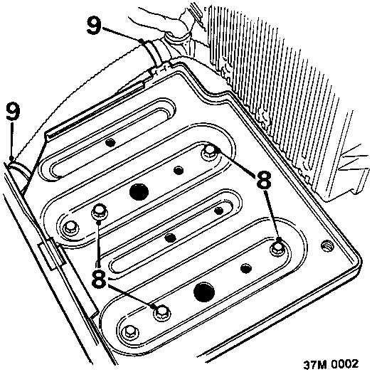 Diagram of a battery tray with callout numbers 8 pointing to bolts and 9 pointing to clips securing a harness.