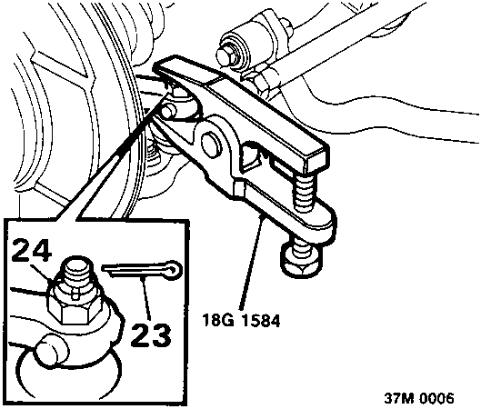 Diagram showing a track rod end ball joint being separated using tool 18G 1584, with callout numbers 23 and 24.