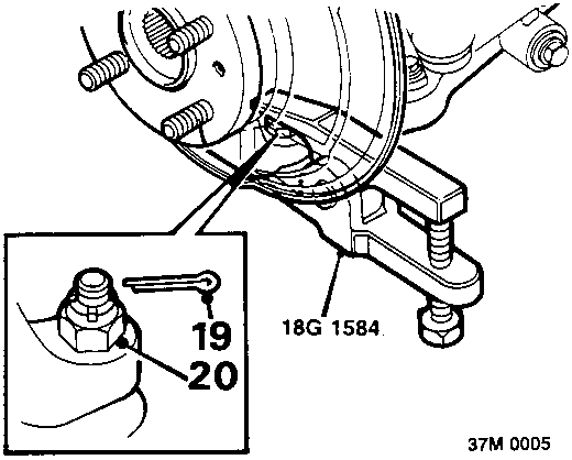 Diagram showing a lower ball joint being separated from a steering knuckle using tool 18G 1584, with callout numbers 19 and 20.