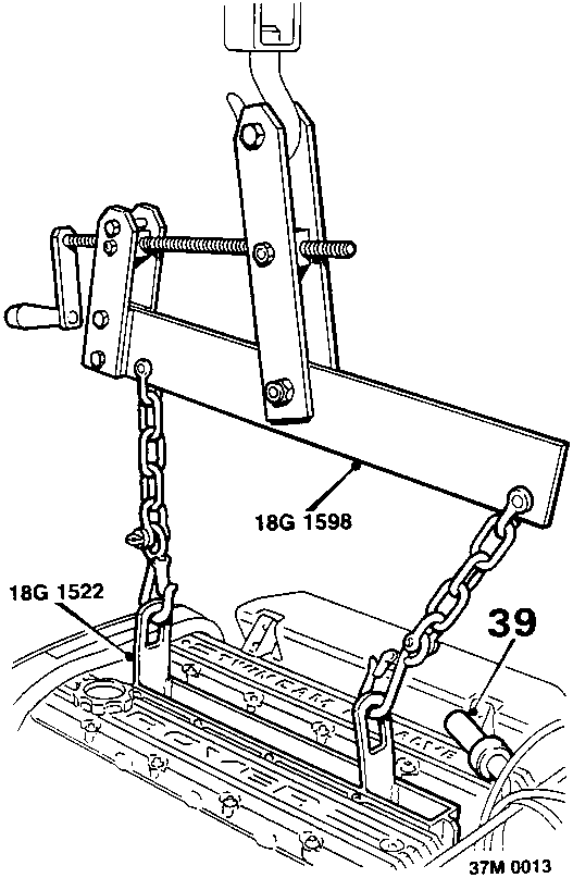 Diagram showing engine lifting tool 18G 1598 attached to spark plug cover bolt holes with lifting chain of hoist connected