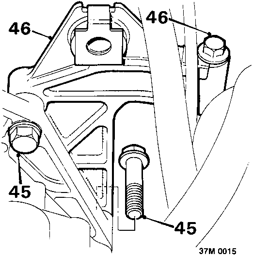 Diagram showing engine rear mounting bracket secured by bolts 46 to gearbox and bolt 45 to mounting rubber