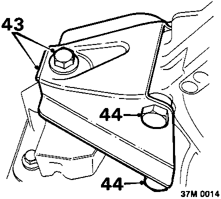 Diagram showing engine front mounting bracket secured by bolts 44 to gearbox and mounting rubber at point 43