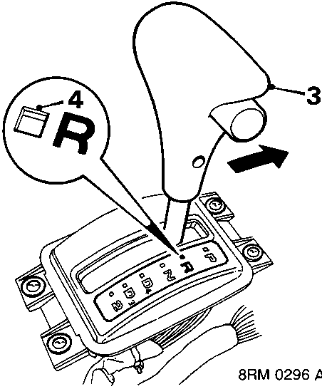 Diagram of selector lever being moved forward towards 'R' position with callout numbers 3 and 4 pointing to the lever button and indicator window.
