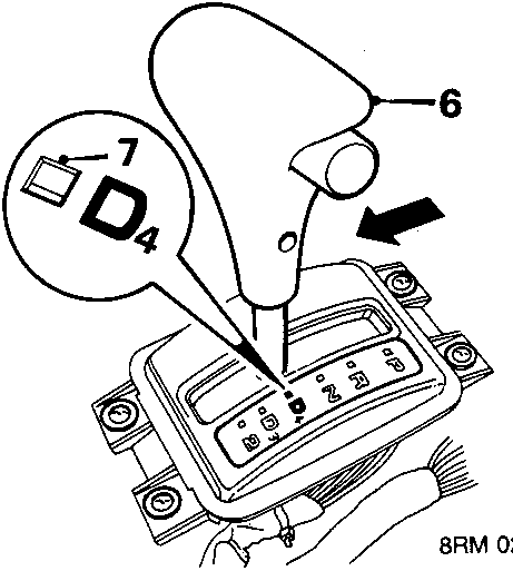 Diagram of selector lever being moved rearwards towards 'D4' position with callout numbers 6 and 7 pointing to the lever button and indicator window.