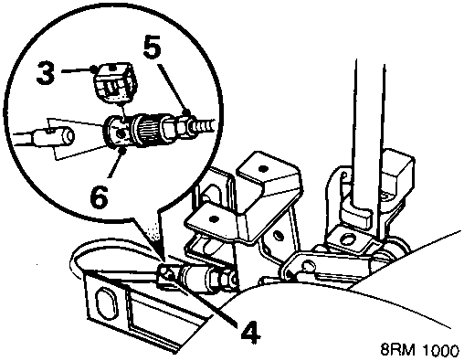 Diagram of the selector cable adjuster and lock pin assembly with callout numbers 3, 4, 5, and 6