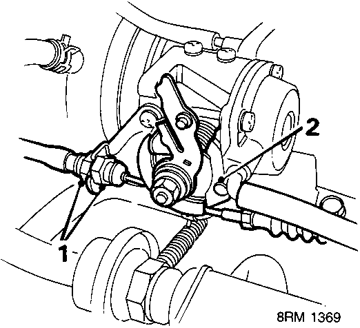 Diagram showing throttle body abutment bracket with callout numbers 1 and 2, reference 8RM 1369