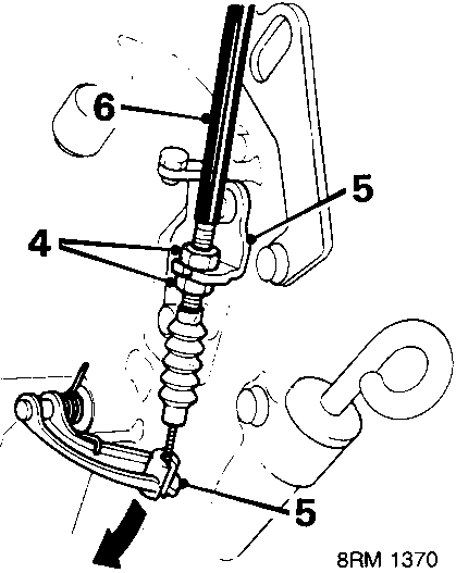Diagram showing gearbox abutment bracket and lever with callout numbers 4, 5, and 6, reference 8RM 1370