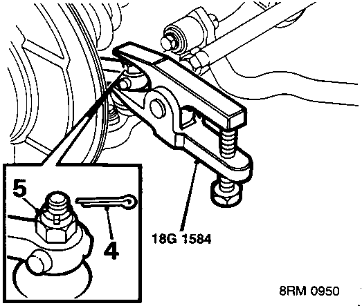Diagram showing tool 18G 1584 being used on a steering arm assembly, with callout numbers 4 and 5. Code 8RM 0950.