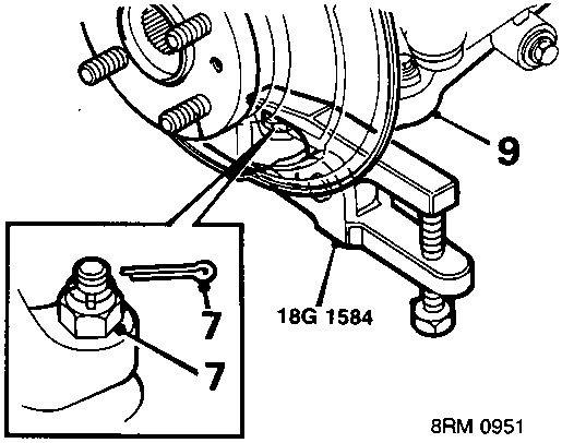 Diagram showing tool 18G 1584 being used on a lower ball joint assembly, with callout numbers 7 and 9. Code 8RM 0951.