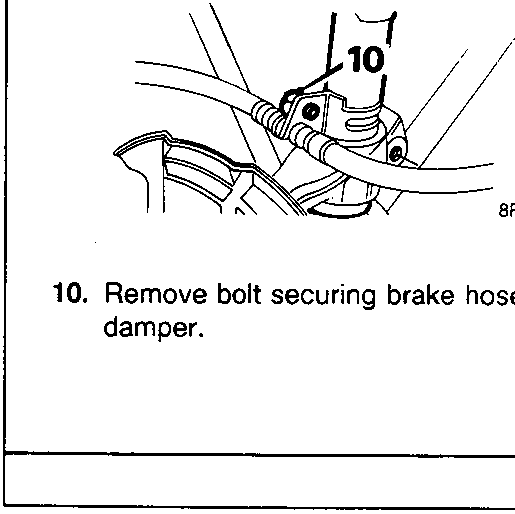 Diagram showing a brake hose bracket secured by bolt 10 to a damper. Code 8RM 1005.