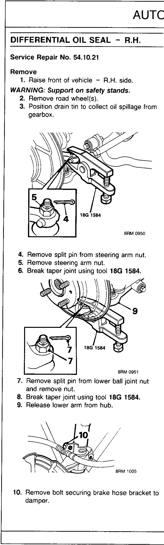 Diagram showing removal of steering arm nut and split pin using tool 18G 1584, with callouts 4 and 5