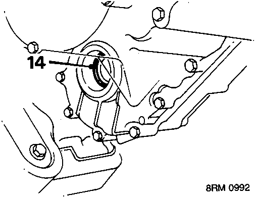 Diagram showing careful prising of oil seal out of housing, callout 14