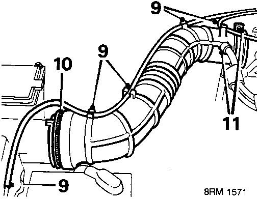 Diagram showing vacuum pipes and intake trunking connections with callout numbers 9, 10, and 11