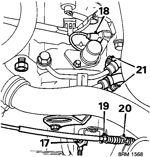 Diagram showing lock-up control solenoid valve, throttle control cable, oil cooler hoses, and earth lead with callout numbers 17 through 21