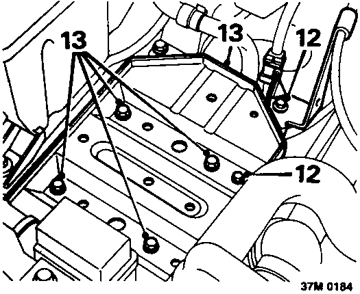 Diagram showing battery tray, pump feed hose, throttle cable bracket, and bolts with callout numbers 12 and 13