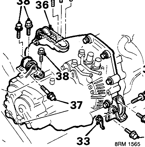 Diagram showing mounting bolts, through bolts, and distributor location on the gearbox