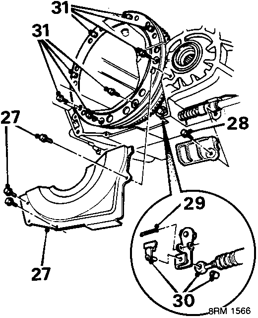 Diagram showing bolts on the torque converter housing, selector cable holder, control pin, roller, and drive plate