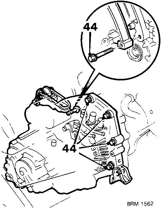 Diagram showing bolts (44) securing the torque converter housing to the cylinder block
