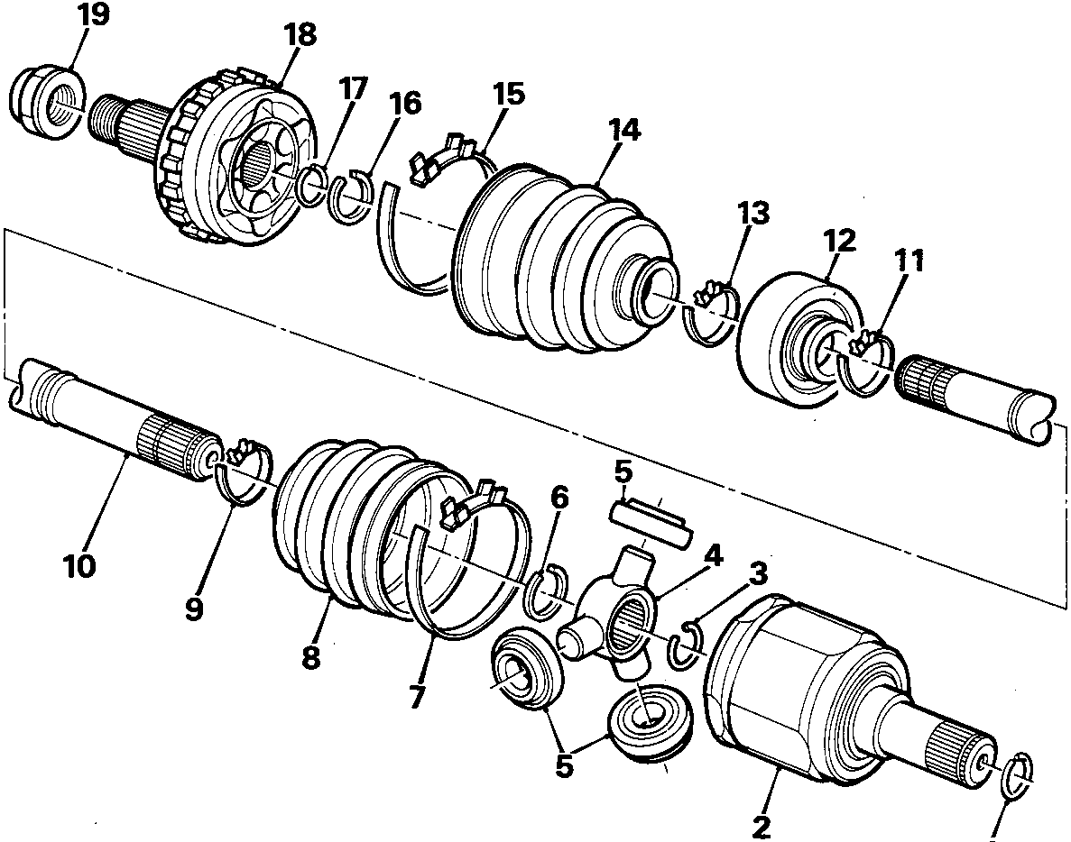 Exploded view diagram of a drive shaft showing numbered components from 1 to 19, including joints, gaiters, clips, bearings, and the shaft itself.