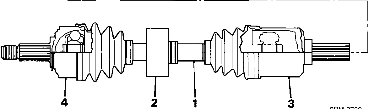 Cross-section diagram of a drive shaft assembly with callout numbers 1, 2, 3, and 4 identifying the shaft, damper, inner joint, and outer joint respectively.