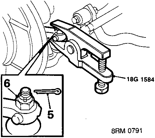 Diagram showing a steering arm being separated using tool 18G 1584, with the split pin labeled 6 and the joint nut labeled 5