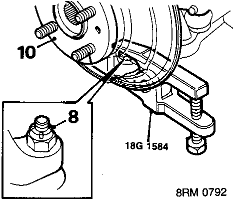 Diagram showing lower ball joint nut (8), taper joint tool (18G 1584), and hub connection (10)