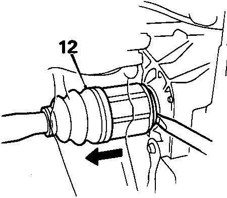 Diagram showing a screwdriver being used to release the drive shaft joint (12) from the gearbox or intermediate shaft area