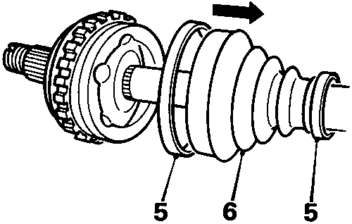 Exploded diagram of drive shaft showing gaiter and clips with callout numbers 5 and 6
