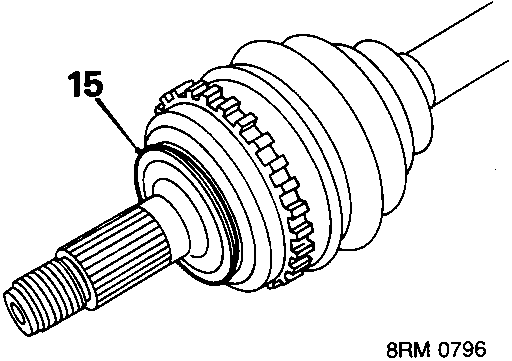 Diagram of drive shaft outer joint with callout number 15 pointing to the seal area