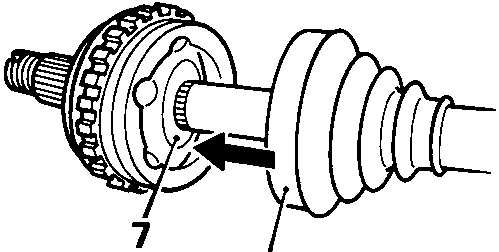 Diagram of drive shaft joint being removed from shaft using a drift, with callout numbers 7 and 8