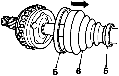 Diagram of an outer joint assembly showing gaiter clips and joint components with callout numbers 5, 6, and 5